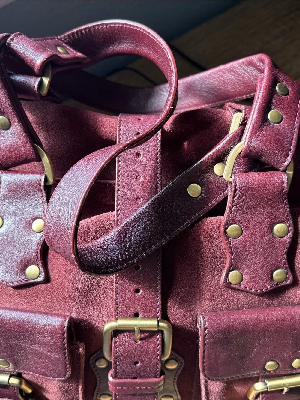 Burgundy Suede & Leather Satchel Tote with Gold Hardware